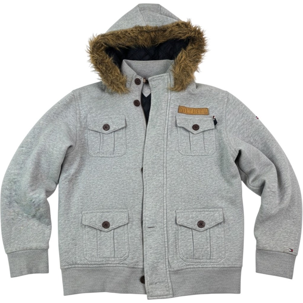 Tommy Hilfiger Boys Gray Hooded Jacket Faux Fur Trim Quilted Lining‎ L 16/18 S1